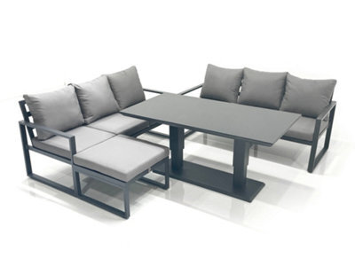 Fimous Aluminium Outdoor Garden Furniture Set With Adjustable Rising Lifting Dining Table 3 Seater Sofa Big Footstool Dark Grey - image 1