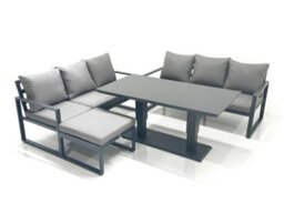Fimous Aluminium Outdoor Garden Furniture Set With Adjustable Rising Lifting Dining Table 3 Seater Sofa Big Footstool Dark Grey - thumbnail 1