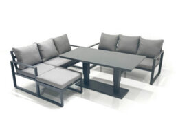 Fimous Aluminium Outdoor Garden Furniture Set With Adjustable Rising Lifting Dining Table 3 Seater Sofa Big Footstool Dark Grey - thumbnail 2