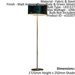 Floor Lamp Light Matt Antique Brass & Green Velvet 10W Led E27 Base & Shade