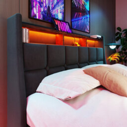Btm 5Ft King Upholstered Storage Bed With Led Lighting Usb Charging Storage Headboard Linen Grey No Mattress - thumbnail 9