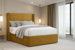"Nexus Portofino Mustard Plush Divan Bed Base No Drawers With 54"" Floor Standing Winged Headboard 4' Small Double" - thumbnail 2