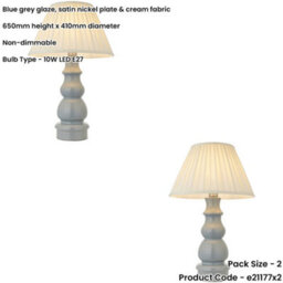 Loops 2 Pack Blue Grey Glaze & Satin Nickel Plate Table Lamp - Cream Fabric - 650mm Tall Light - thumbnail 2