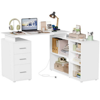 131Cm L-Shaped Corner Desk With 2 Power Outlets, 2 Usb Ports And Drawers White - image 1