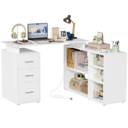 131Cm L-Shaped Corner Desk With 2 Power Outlets, 2 Usb Ports And Drawers White - thumbnail 1