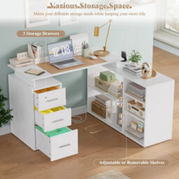 131Cm L-Shaped Corner Desk With 2 Power Outlets, 2 Usb Ports And Drawers White - thumbnail 4