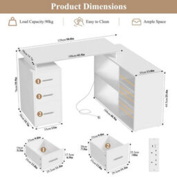 131Cm L-Shaped Corner Desk With 2 Power Outlets, 2 Usb Ports And Drawers White - thumbnail 2