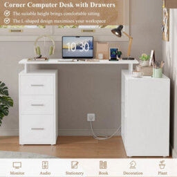 131Cm L-Shaped Corner Desk With 2 Power Outlets, 2 Usb Ports And Drawers White - thumbnail 6
