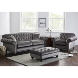 Xample Bordeaux Button Back Grey Velvet 3-Seater Sofa - Tufted Scroll Arms, Foam Cushions, Solid Wood Legs, Accent Pillows Included - thumbnail 4