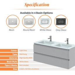 Plum&clay Marvel Gloss Light Grey Wall Hung Bathroom Vanity Unit With White Glass Basin (W)1200mm - thumbnail 4
