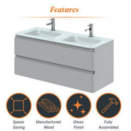 Plum&clay Marvel Gloss Light Grey Wall Hung Bathroom Vanity Unit With White Glass Basin (W)1200mm - thumbnail 5