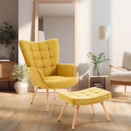 Living And Home Yellow Linen Tufted Armchair With Footstool