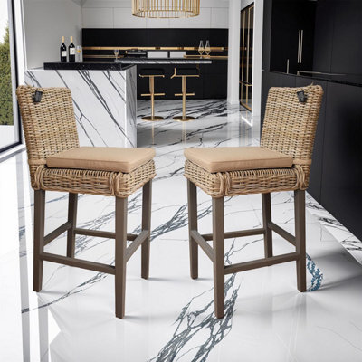 FWSTYLE Set Of 2 Solid Pine Bar Stools/chairs Rattan Detail Painted Greywash Finish - image 1