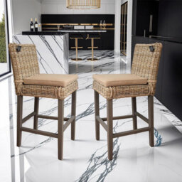 FWSTYLE Set Of 2 Solid Pine Bar Stools/chairs Rattan Detail Painted Greywash Finish - thumbnail 1