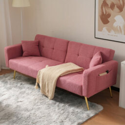 Matteo Luxurious Pink Sherpa Sofa Bed With Adjustable Backrest, Gold Legs & Integrated Storage - thumbnail 3