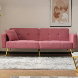 Matteo Luxurious Pink Sherpa Sofa Bed With Adjustable Backrest, Gold Legs & Integrated Storage - thumbnail 2