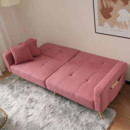 Matteo Luxurious Pink Sherpa Sofa Bed With Adjustable Backrest, Gold Legs & Integrated Storage - thumbnail 5