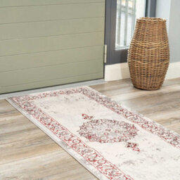 Loomed Red Silver Grey Traditional Medallion Bordered Living Runner Rug 70X240Cm - thumbnail 2
