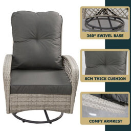 Patio Rattan Swivel Chair, 360 Degrees Swivel Lounge Armchair With Soft Cushion, Weatherproof Pe Ratta - Gray - thumbnail 4