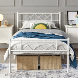 Yaheetech White 3Ft Single Simple Metal Bed Frame With Cross-Design Headboard & Footboard - thumbnail 3