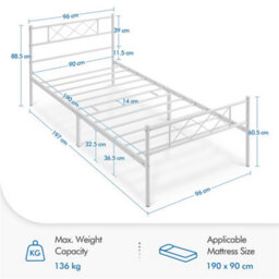 Yaheetech White 3Ft Single Simple Metal Bed Frame With Cross-Design Headboard & Footboard - thumbnail 4
