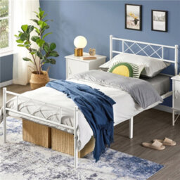 Yaheetech White 3Ft Single Simple Metal Bed Frame With Cross-Design Headboard & Footboard - thumbnail 1