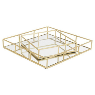 Urbn-Living 2-Pc Metal Gold Square Mirror Tray - image 1