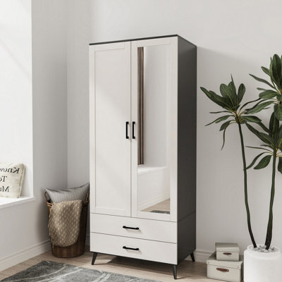 Urbn-Living Urbnliving 180Cm Height Black Wardrobe With Mirror 2 Door 2 Drawer Bedroom Clothes Storage Hanging Rail - image 1