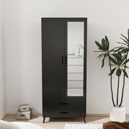 Urbn-Living Urbnliving 180Cm Height Black Wardrobe With Mirror 2 Door 2 Drawer Bedroom Clothes Storage Hanging Rail - thumbnail 2