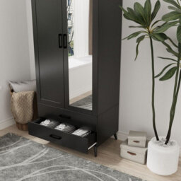 Urbn-Living Urbnliving 180Cm Height Black Wardrobe With Mirror 2 Door 2 Drawer Bedroom Clothes Storage Hanging Rail - thumbnail 6