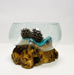 My Square Mile Molten Glass Display Bowl On Wood Root Stand Glass Rustic Ornament Sculpture Display Dish (Large)
