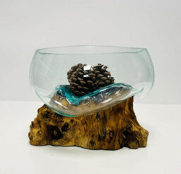 My Square Mile Molten Glass Display Bowl On Wood Root Stand Glass Rustic Ornament Sculpture Display Dish (Large) - thumbnail 3