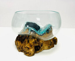 My Square Mile Molten Glass Display Bowl On Wood Root Stand Glass Rustic Ornament Sculpture Display Dish (Large) - thumbnail 2