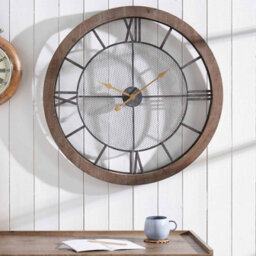 Pacific Lifestyle Natural Wood And Black Metal Mesh Round Wall Clock