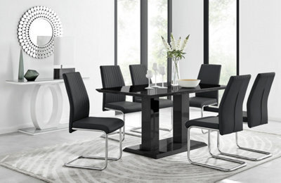 Furniturebox Imperia Black High Gloss 6 Seater Dining Table With Structural 2 Plinth Column Legs 6 Black Faux Leather Lorenzo Cantilever Chairs - image 1