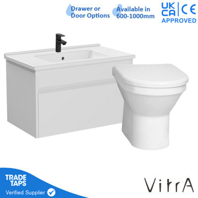 Vitra 800mm Wall Hung Bathroom Vanity Unit With 1 Drawer Includes Basin, Black Tap And Back To Wall Toilet - White Gloss - image 1