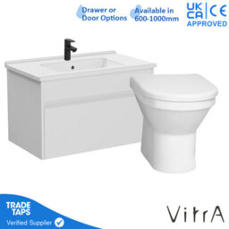 Vitra 800mm Wall Hung Bathroom Vanity Unit With 1 Drawer Includes Basin, Black Tap And Back To Wall Toilet - White Gloss - thumbnail 1