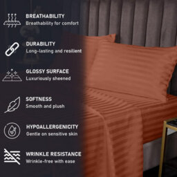 Ameha Stripe Fitted Sheet 40 Cm Deep Pocket- Hypoallergenic Easy Care Rust Bed Sheets Uk Super King Bedsheet(180X200Cm) - thumbnail 2
