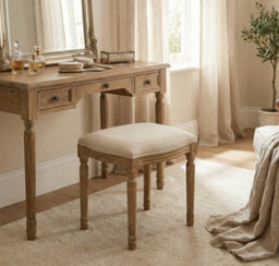 Aspect Furniture French Style Belle Dressing Table Stool ,white Washed Wood,beige Cushion