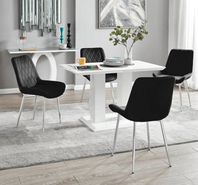 Furniturebox Uk 4 Seater Dining Set - Imperia White High Gloss Dining Table And Chairs - 4 Black Pesaro Silver Leg Chairs - image 1