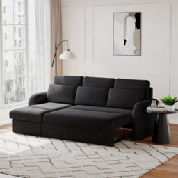 Flyn L-Shape 3-Seater Boucle Sofa Bed - Modern Pull-Out Bed With Cushions For Living Room - Bed: 149Cm (W) 190Cm (L) - Black - thumbnail 5