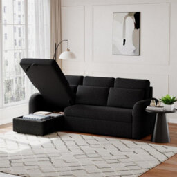 Flyn L-Shape 3-Seater Boucle Sofa Bed - Modern Pull-Out Bed With Cushions For Living Room - Bed: 149Cm (W) 190Cm (L) - Black - thumbnail 3