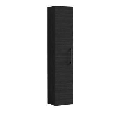 Balterley Level Modern Bathroom 1 Soft Close Door Wall Hung Tall Storage Unit, Woodgrain Black With Brushed Pewter Handle, 300 mm