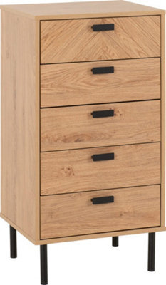 Seconique Leon 5 Drawer Narrow Chest Medium Oak Effect Metal Legs - image 1
