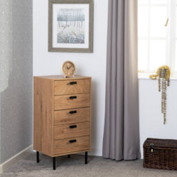Seconique Leon 5 Drawer Narrow Chest Medium Oak Effect Metal Legs - thumbnail 9
