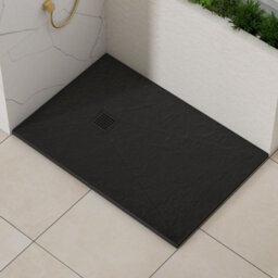 Royal Bathrooms Luxor Rectangular Black Slate Effect Stone Shower Tray 1400 X 800 X 30mm With Black Grate