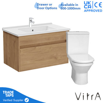 Vitra 800mm Wall Hung Bathroom Vanity Unit With 1 Drawer Includes Basin, Chrome Tap And Close Coupled Toilet Set - Golden Oak - image 1
