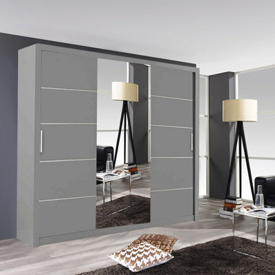 Modern Oslo Mirror Sliding Door Wardrobe With Hanging Rails & Shelves (Grey, 250Cm) - image 1