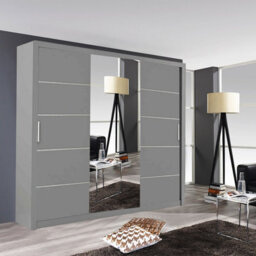 Modern Oslo Mirror Sliding Door Wardrobe With Hanging Rails & Shelves (Grey, 250Cm) - thumbnail 1