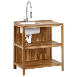 Beliani Outdoor Kitchen Island With Sink Venosa Acacia Wood Brown/ Silver - thumbnail 1